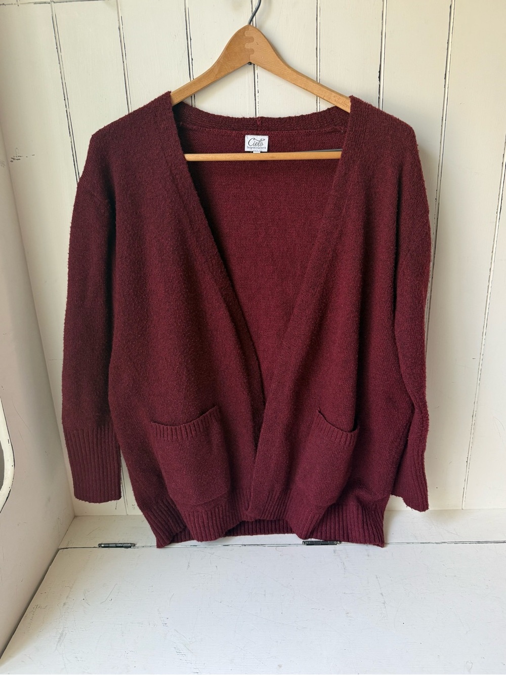 Cielo Burgundy Wine Oversized Open Front Cardigan Sweater Pockets Cozy Medium M